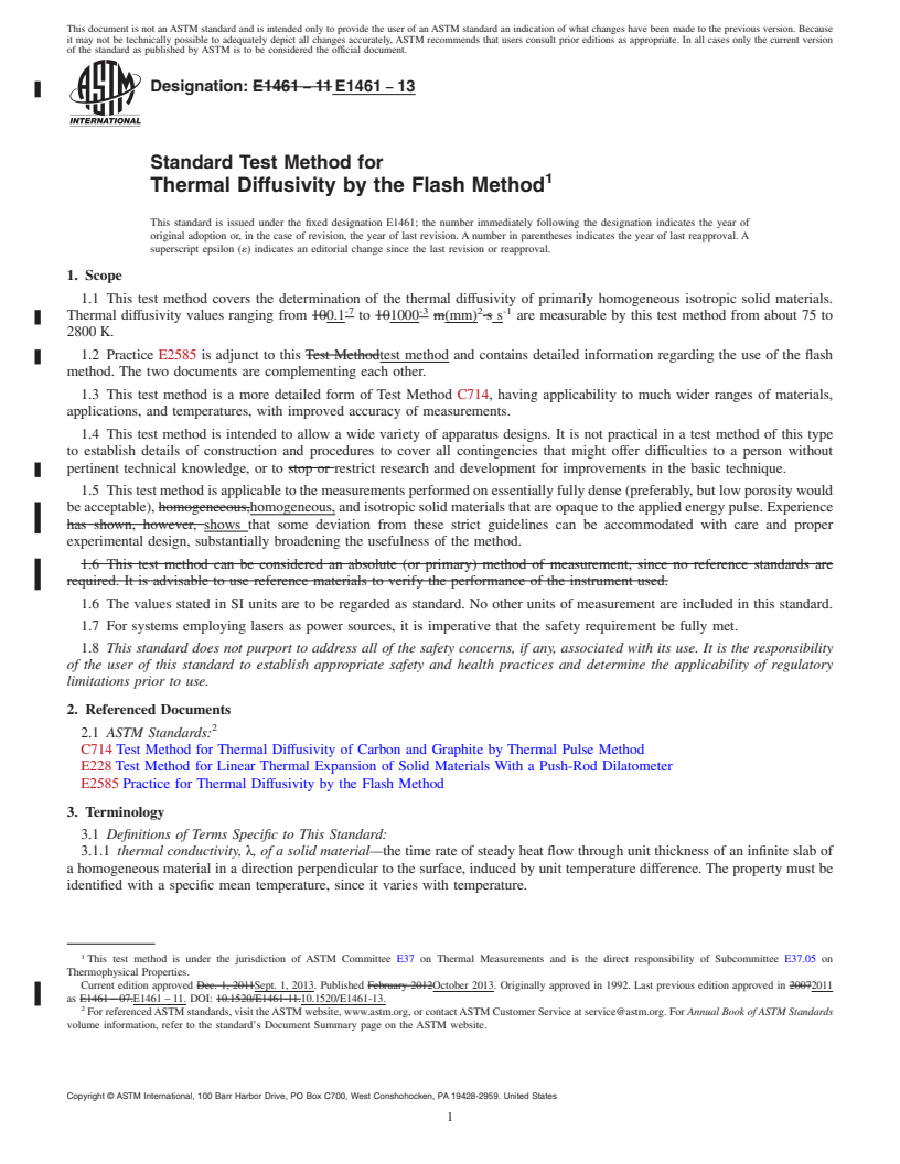 REDLINE ASTM E1461-13 - Standard Test Method for  Thermal Diffusivity by the Flash Method