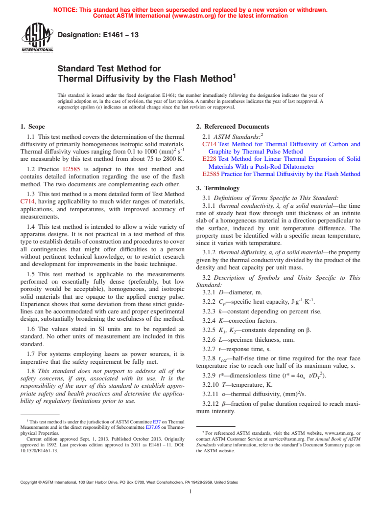 ASTM E1461-13 - Standard Test Method for  Thermal Diffusivity by the Flash Method