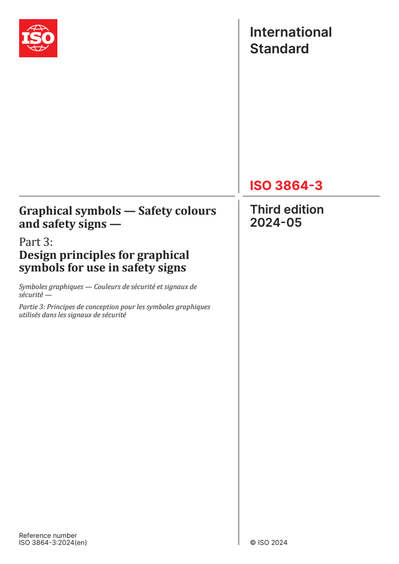 ISO 3864-3:2024 - Graphical symbols — Safety colours and safety signs — Part 3: Design principles for graphical symbols for use in safety signs
Released:13. 05. 2024