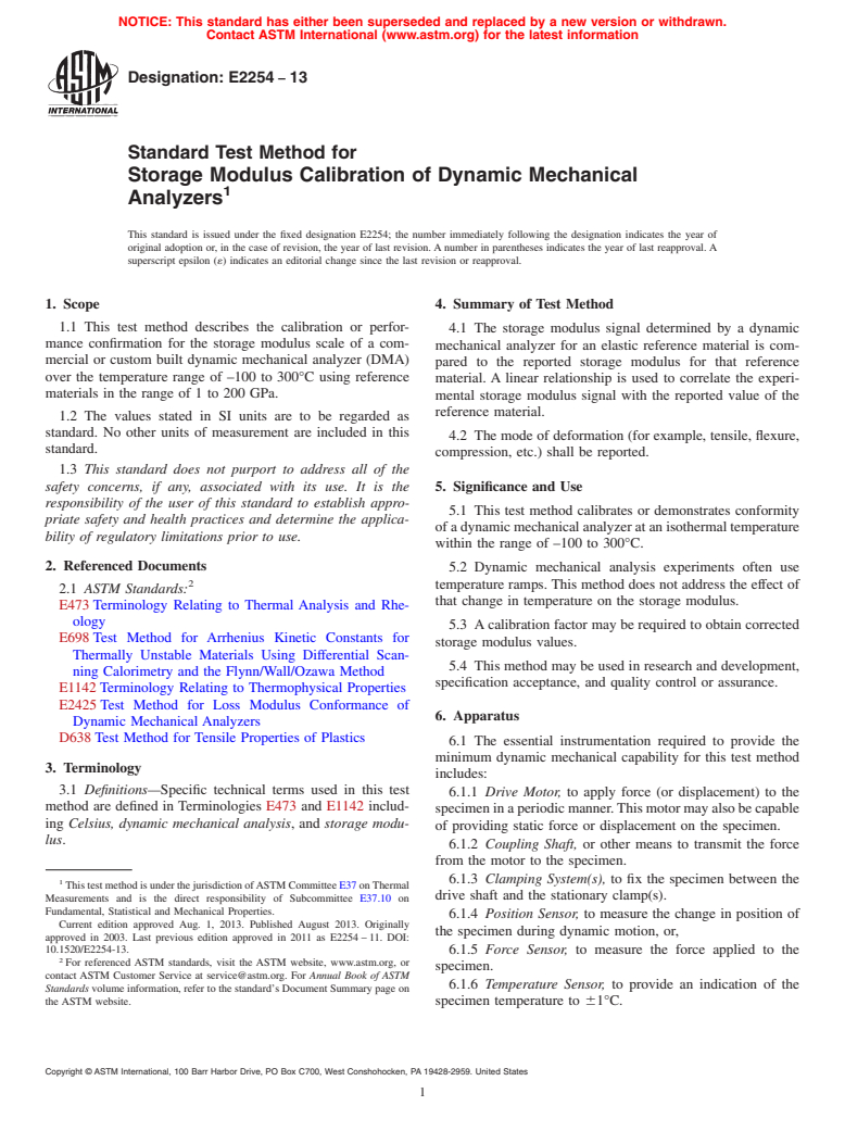 ASTM E2254-13 - Standard Test Method for  Storage Modulus Calibration of Dynamic Mechanical Analyzers