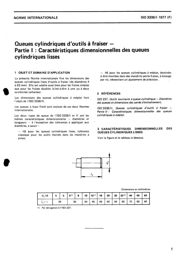 ISO 3338-1:1977 - Queues cylindriques d'outils a fraiser