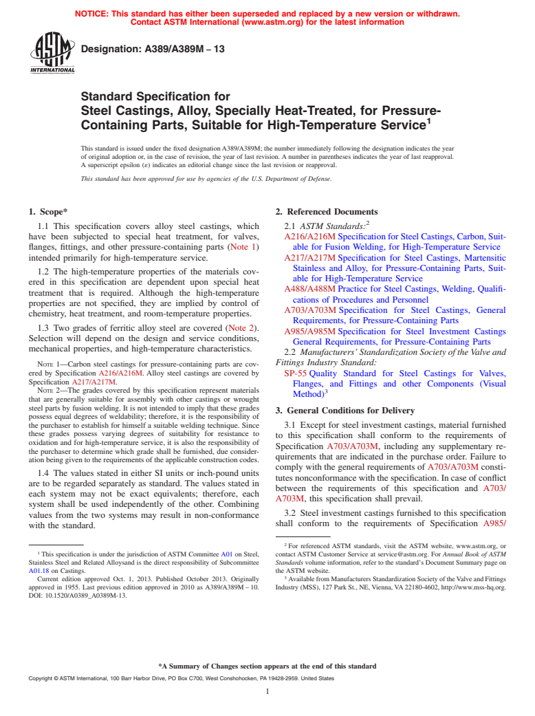 ASTM A389/A389M-13 - Standard Specification for  Steel Castings, Alloy, Specially Heat-Treated, for Pressure-Containing  Parts, Suitable for High-Temperature Service