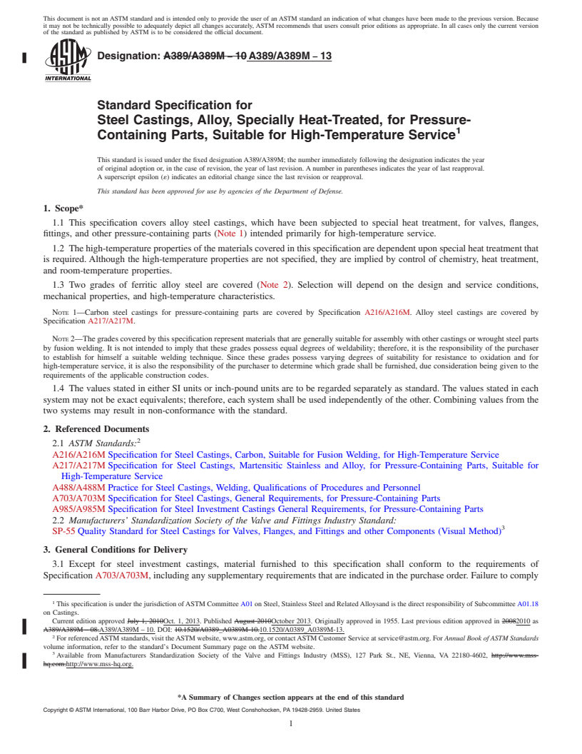 REDLINE ASTM A389/A389M-13 - Standard Specification for  Steel Castings, Alloy, Specially Heat-Treated, for Pressure-Containing  Parts, Suitable for High-Temperature Service