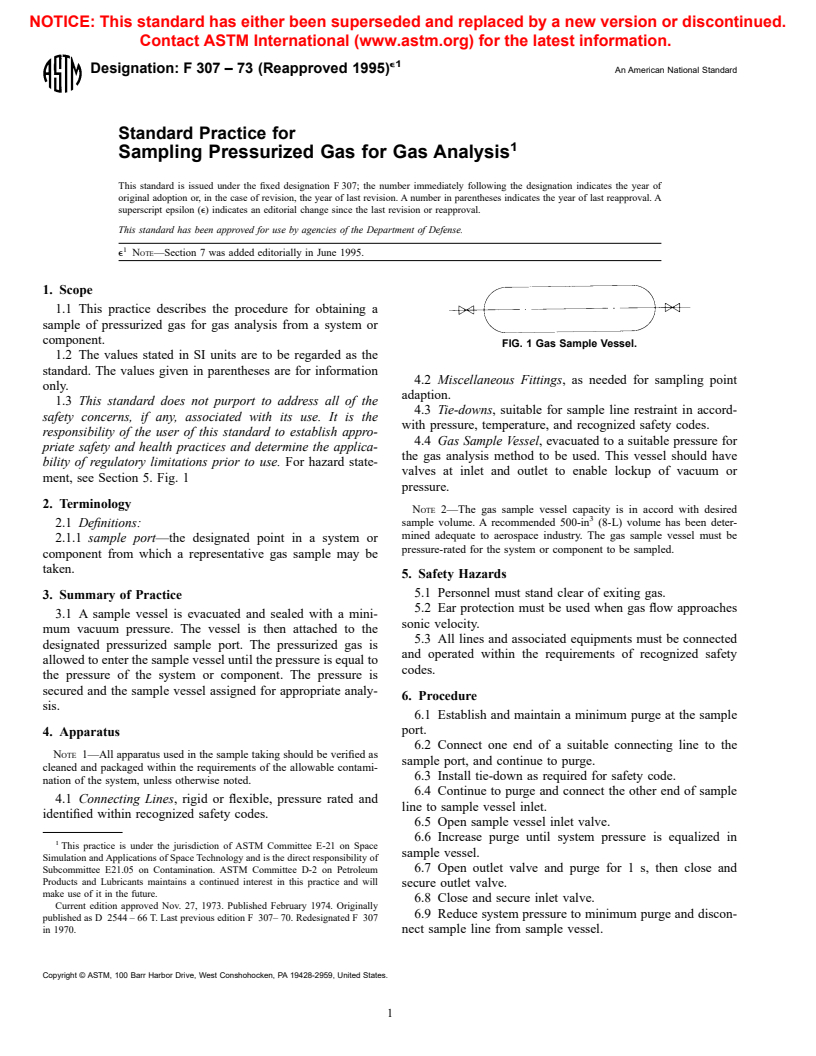 ASTM F307-73(1995)e1 - Standard Practice for Sampling Pressurized Gas for Gas Analysis