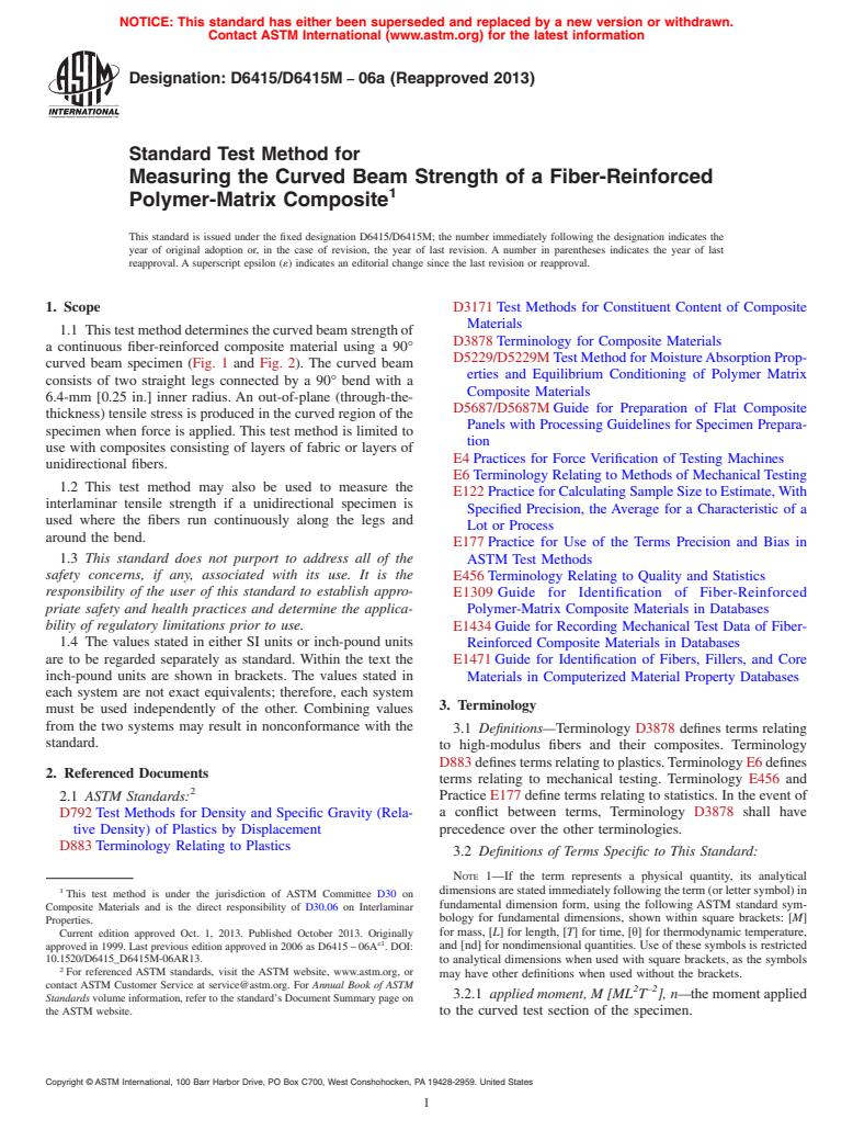 ASTM D6415/D6415M-06a(2013) - Standard Test Method for  Measuring the Curved Beam Strength of a Fiber-Reinforced Polymer-Matrix  Composite