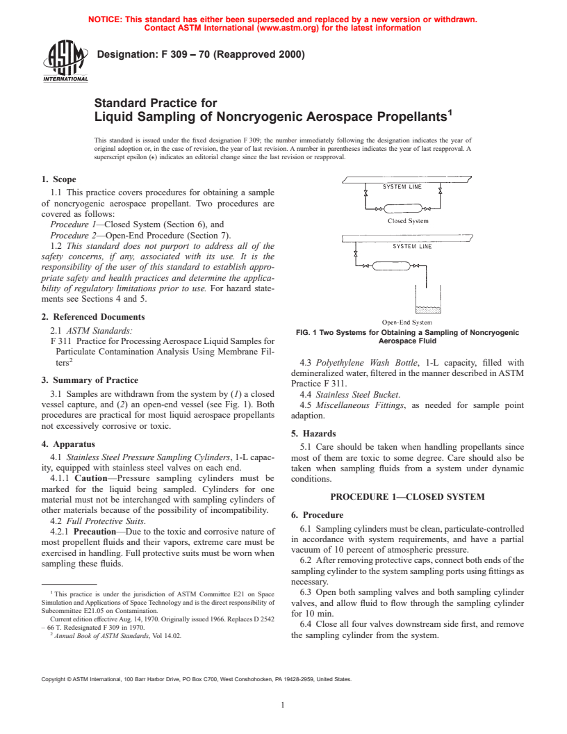 ASTM F309-70(2000) - Standard Practice for Liquid Sampling of Noncryogenic Aerospace Propellants