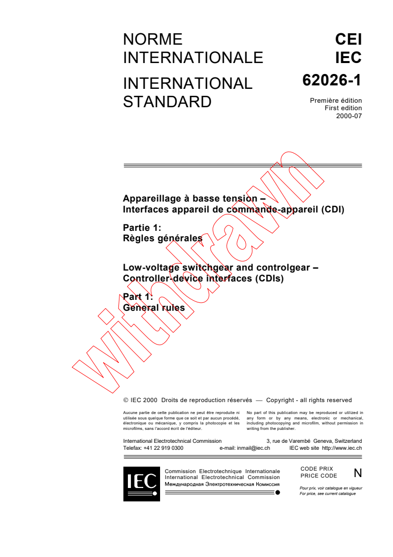 IEC 62026-1:2000 - Low-voltage switchgear and controlgear - Controller-device interfaces (CDIs) - Part 1: General rules
Released:7/31/2000
Isbn:2831853648
