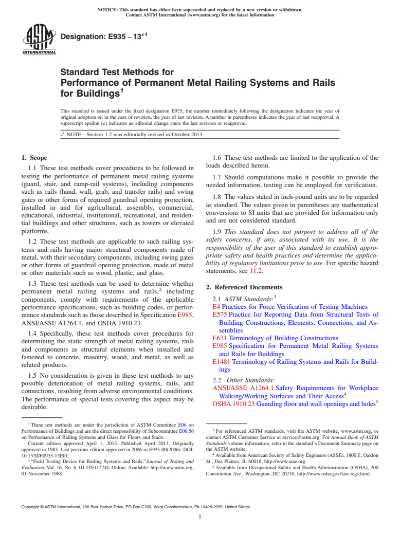 ASTM E935-13e1 - Standard Test Methods for  Performance of Permanent Metal Railing Systems and Rails for  Buildings