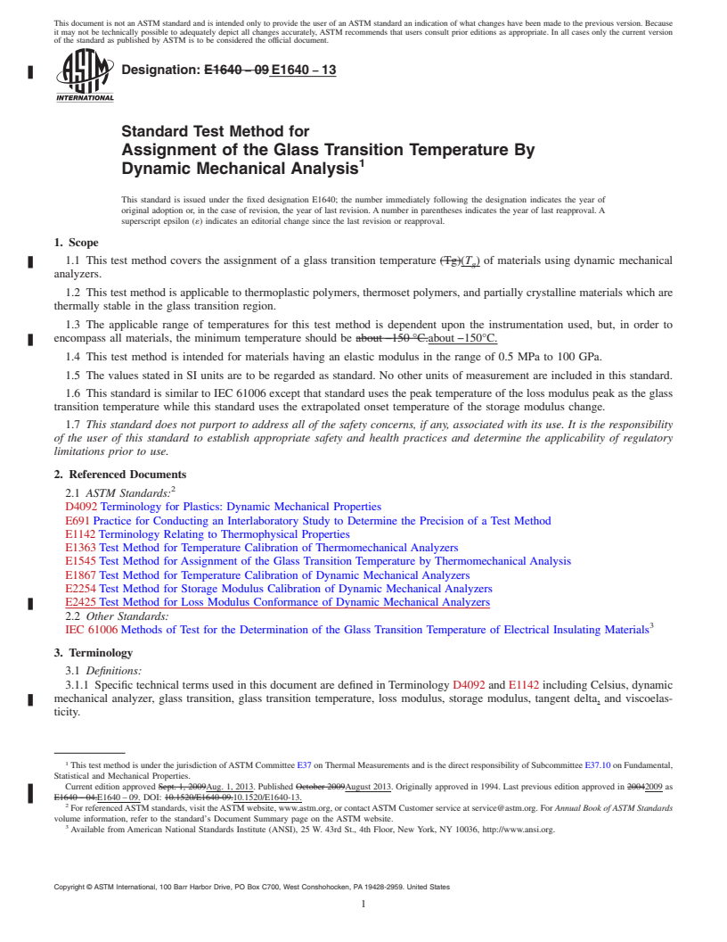 REDLINE ASTM E1640-13 - Standard Test Method for  Assignment of the Glass Transition Temperature By Dynamic Mechanical  Analysis