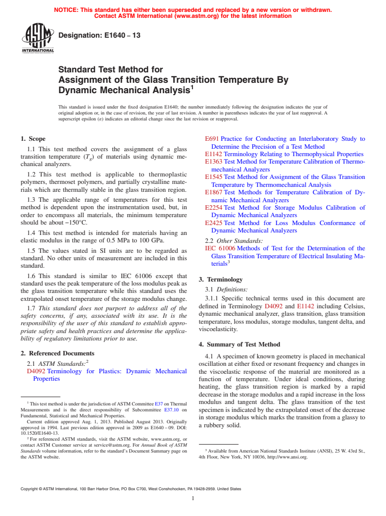 ASTM E1640-13 - Standard Test Method for  Assignment of the Glass Transition Temperature By Dynamic Mechanical  Analysis