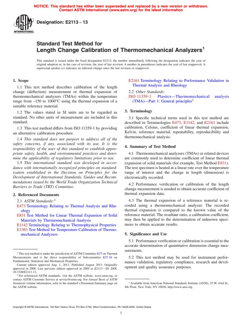 ASTM E2113-13 - Standard Test Method for  Length Change Calibration of Thermomechanical Analyzers