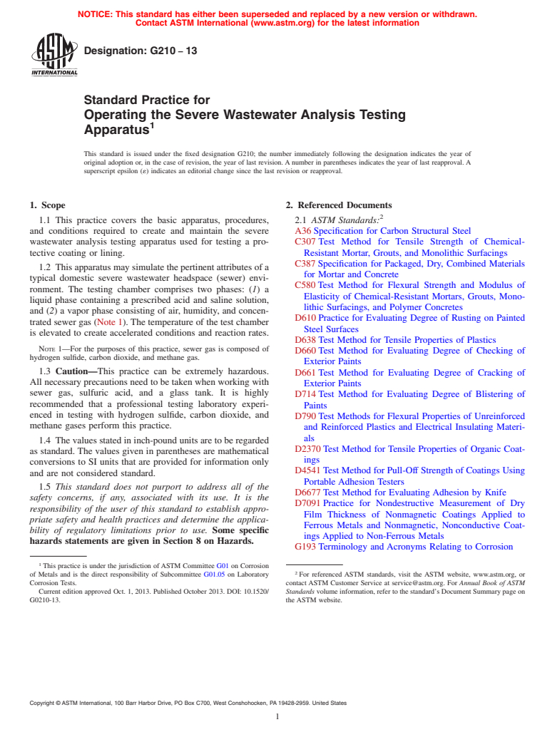 ASTM G210-13 - Standard Practice for Operating the Severe Wastewater Analysis Testing Apparatus