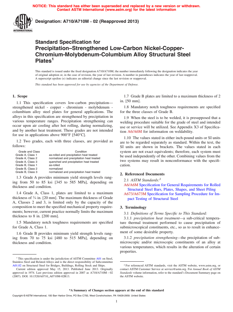 ASTM A710/A710M-02(2013) - Standard Specification for  Precipitation&ndash;Strengthened Low-Carbon Nickel-Copper-Chromium-Molybdenum-Columbium  Alloy Structural Steel Plates