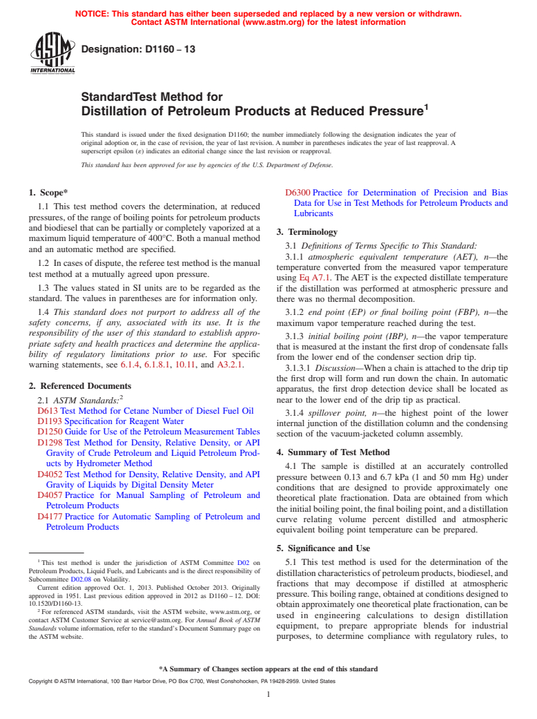 ASTM D1160-13 - Standard Test Method for Distillation of Petroleum Products at Reduced Pressure