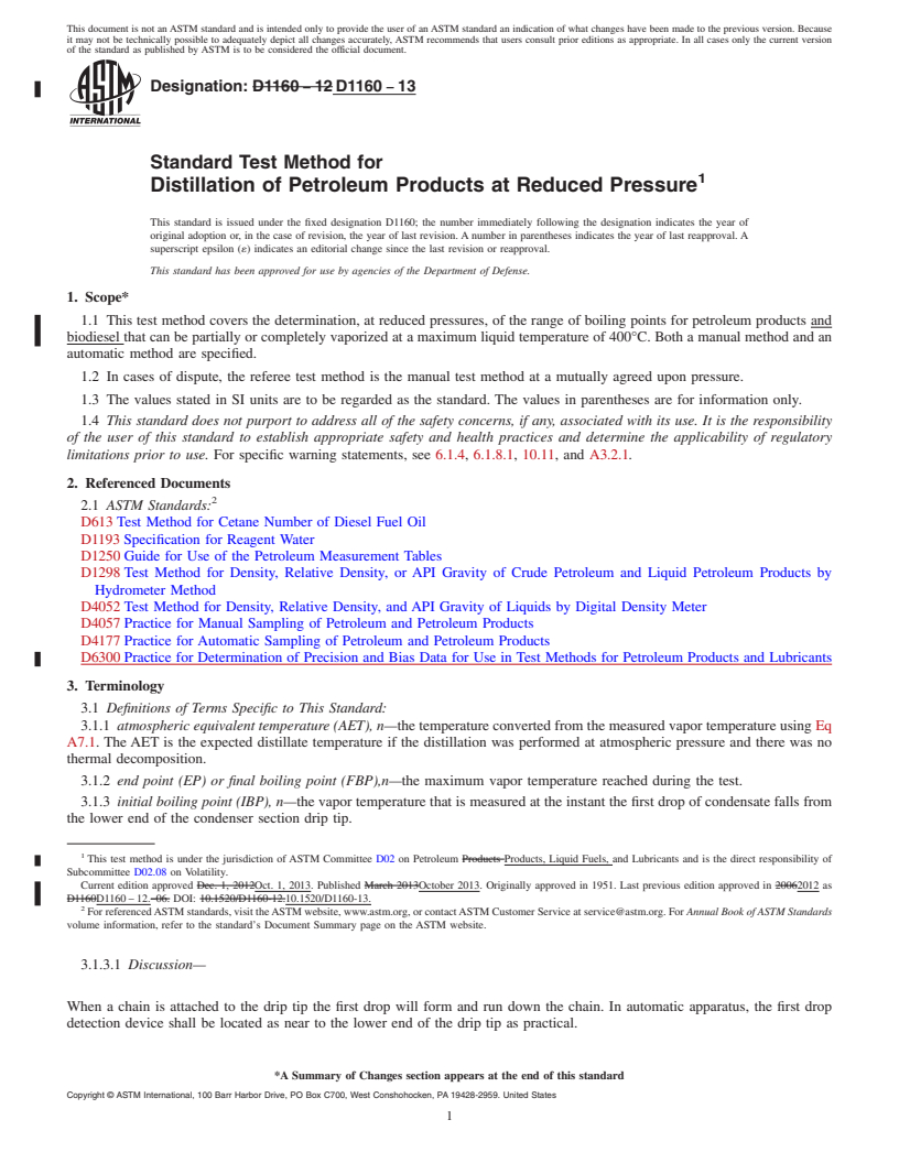 REDLINE ASTM D1160-13 - Standard Test Method for Distillation of Petroleum Products at Reduced Pressure