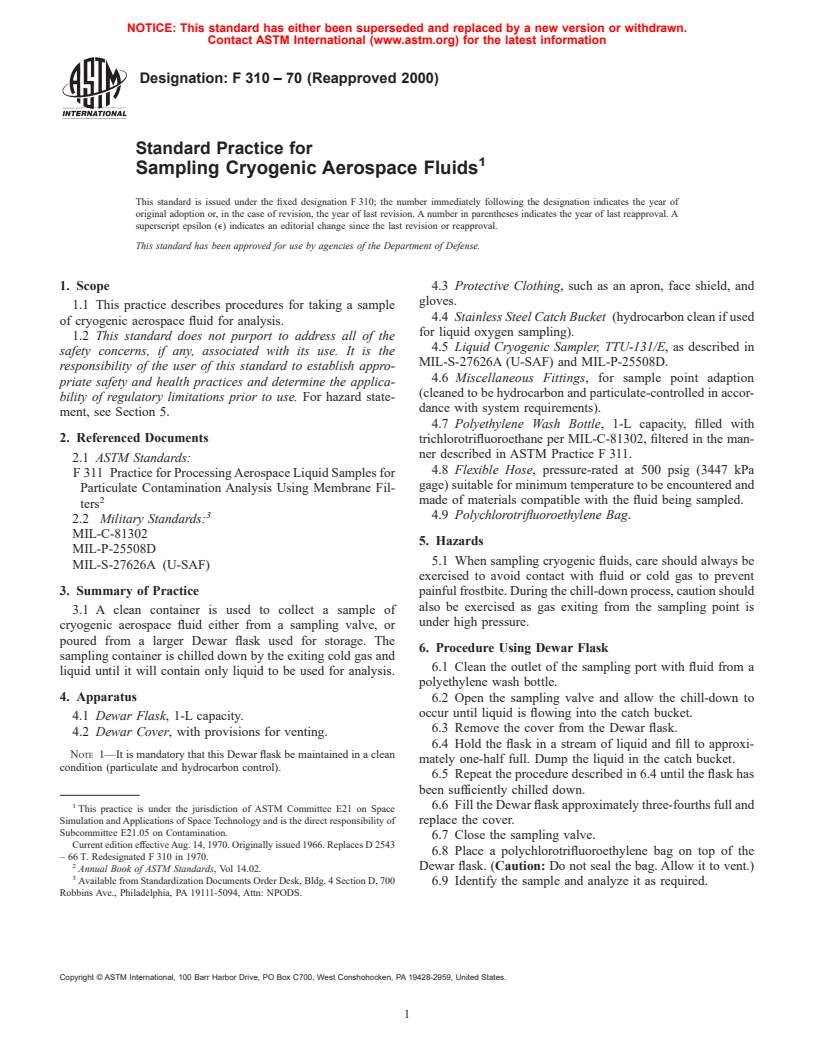 ASTM F310-70(2000) - Standard Practice for Sampling Cryogenic Aerospace Fluids