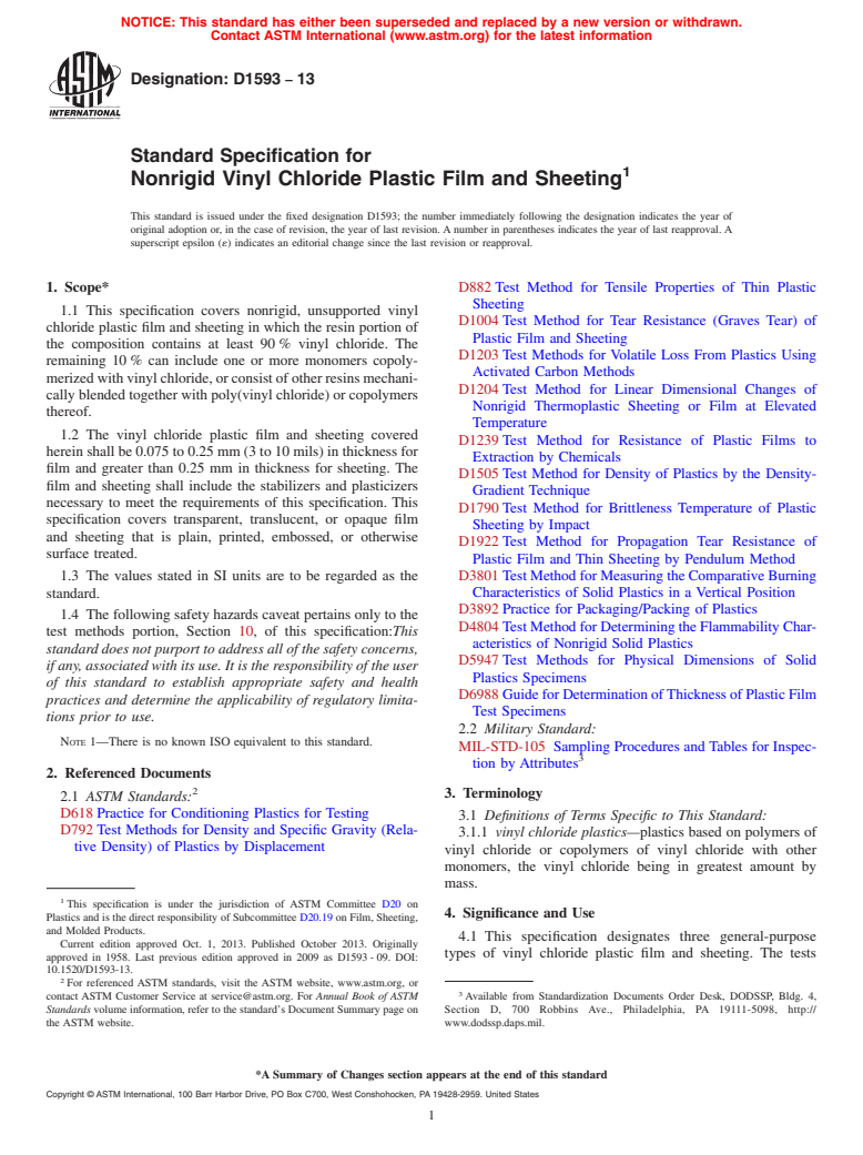 ASTM D1593-13 - Standard Specification for  Nonrigid Vinyl Chloride Plastic Film and Sheeting