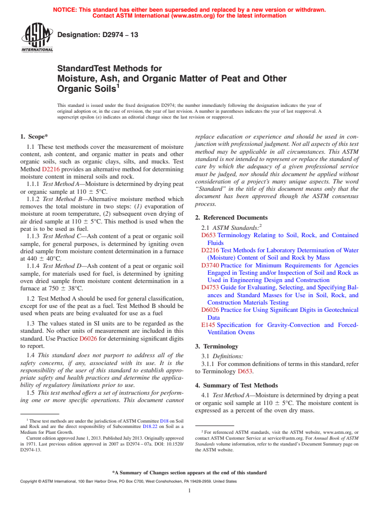 ASTM D2974-13 - Standard Test Methods for  Moisture, Ash, and Organic Matter of Peat and Other Organic  Soils