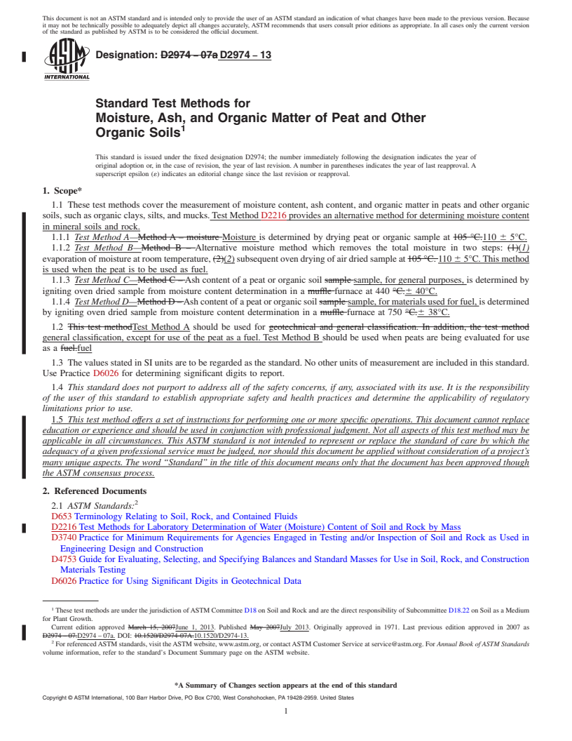 REDLINE ASTM D2974-13 - Standard Test Methods for  Moisture, Ash, and Organic Matter of Peat and Other Organic  Soils
