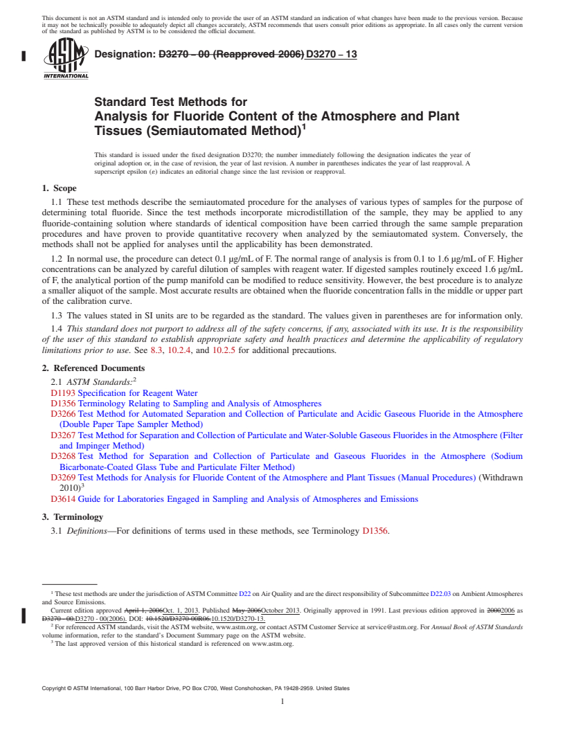 REDLINE ASTM D3270-13 - Standard Test Methods for  Analysis for Fluoride Content of the Atmosphere and Plant Tissues  (Semiautomated Method)