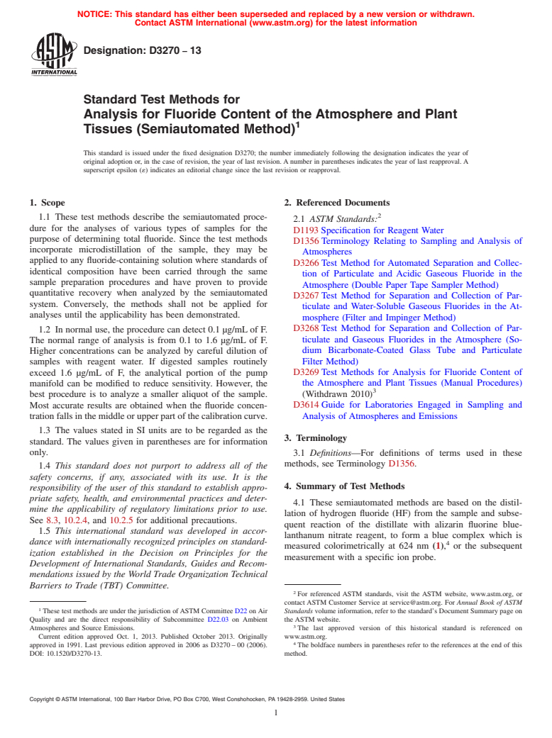 ASTM D3270-13 - Standard Test Methods for  Analysis for Fluoride Content of the Atmosphere and Plant Tissues  (Semiautomated Method)