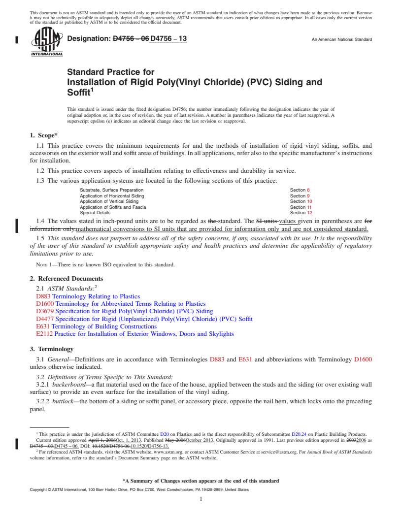 REDLINE ASTM D4756-13 - Standard Practice for  Installation of Rigid Poly(Vinyl Chloride) (PVC) Siding and  Soffit