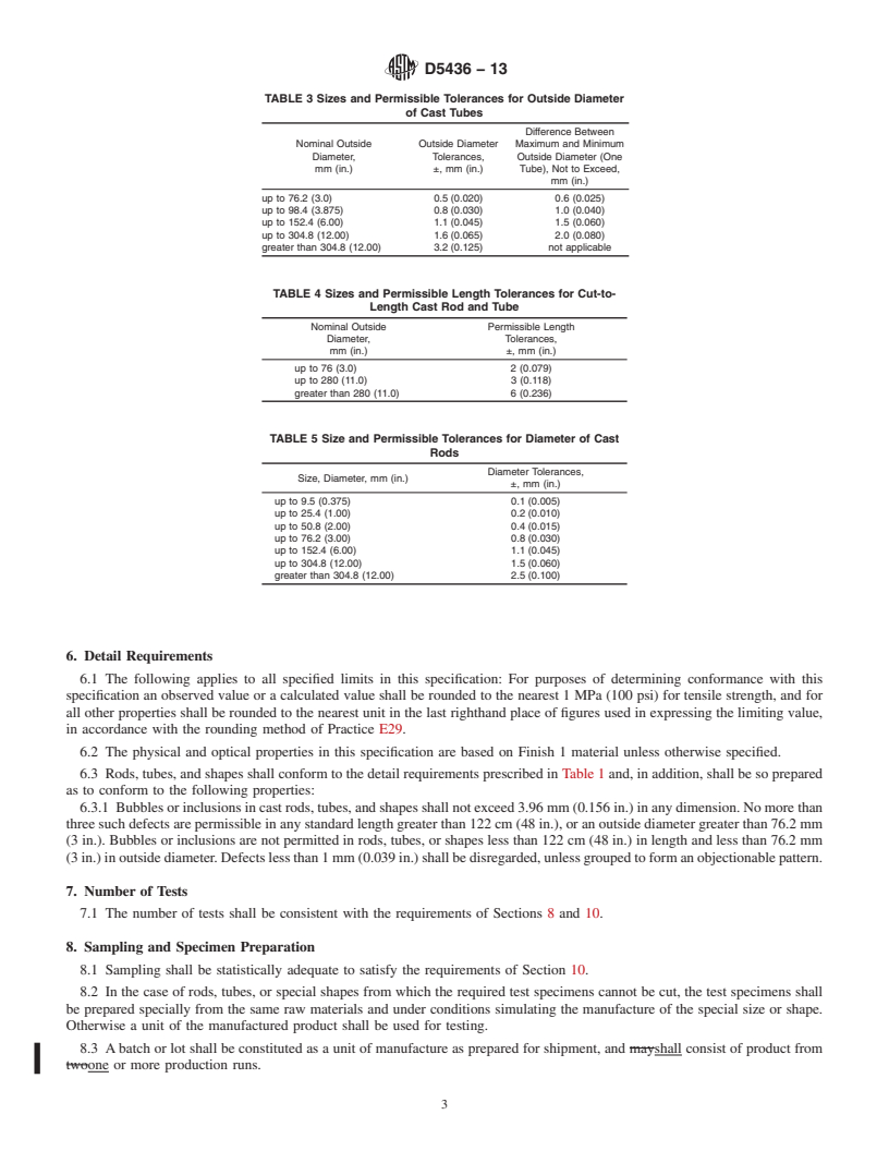 REDLINE ASTM D5436-13 - Standard Specification for  Cast Poly(Methyl Methacrylate) Plastic Rods, Tubes, and Shapes