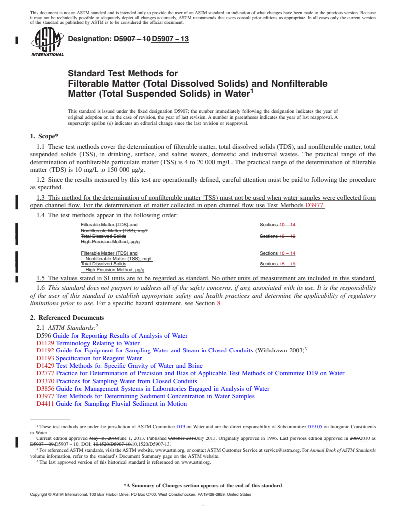 REDLINE ASTM D5907-13 - Standard Test Methods for  Filterable Matter (Total Dissolved Solids) and Nonfilterable   Matter (Total Suspended Solids) in Water