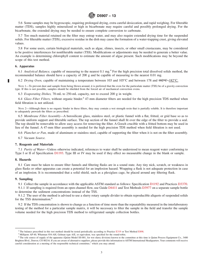 REDLINE ASTM D5907-13 - Standard Test Methods for  Filterable Matter (Total Dissolved Solids) and Nonfilterable   Matter (Total Suspended Solids) in Water