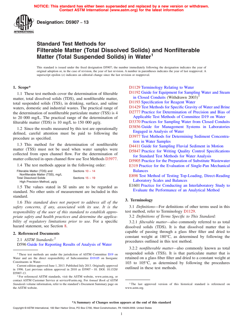 ASTM D5907-13 - Standard Test Methods for  Filterable Matter (Total Dissolved Solids) and Nonfilterable   Matter (Total Suspended Solids) in Water