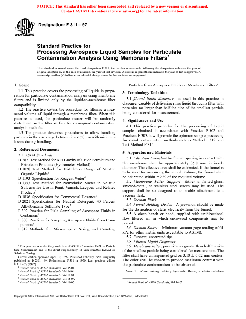 ASTM F311-97 - Standard Practice for Processing Aerospace Liquid Samples for Particulate Contamination Analysis Using Membrane Filters