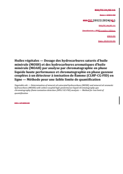 REDLINE ISO 20122:2024 - Huiles végétales — Dosage des hydrocarbures saturés d’huile minérale (MOSH) et des hydrocarbures aromatiques d’huile minérale (MOAH) par analyse par chromatographie en phase liquide haute performance et chromatographie en phase gazeuse couplées à un détecteur à ionisation de flamme (CLHP-CG-FID) en ligne — Méthode pour une faible limite de quantification
Released:6. 11. 2024 - Page 1 preview