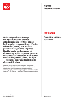 ISO 20122:2024 - Huiles végétales — Dosage des hydrocarbures saturés d’huile minérale (MOSH) et des hydrocarbures aromatiques d’huile minérale (MOAH) par analyse par chromatographie en phase liquide haute performance et chromatographie en phase gazeuse couplées à un détecteur à ionisation de flamme (CLHP-CG-FID) en ligne — Méthode pour une faible limite de quantification
Released:6. 11. 2024 - Page 1 preview