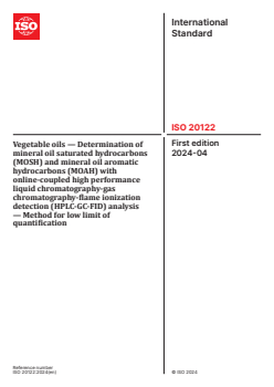 ISO 20122:2024 - Vegetable oils — Determination of mineral oil saturated hydrocarbons (MOSH) and mineral oil aromatic hydrocarbons (MOAH) with online-coupled high performance liquid chromatography-gas chromatography-flame ionization detection (HPLC-GC-FID) analysis — Method for low limit of quantification
Released:9. 04. 2024 - Page 1 preview