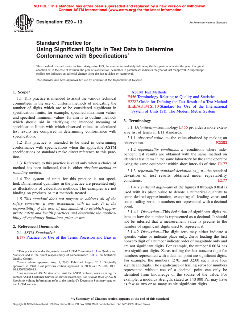 ASTM E29-13 - Standard Practice for  Using Significant Digits in Test Data to Determine Conformance  with Specifications