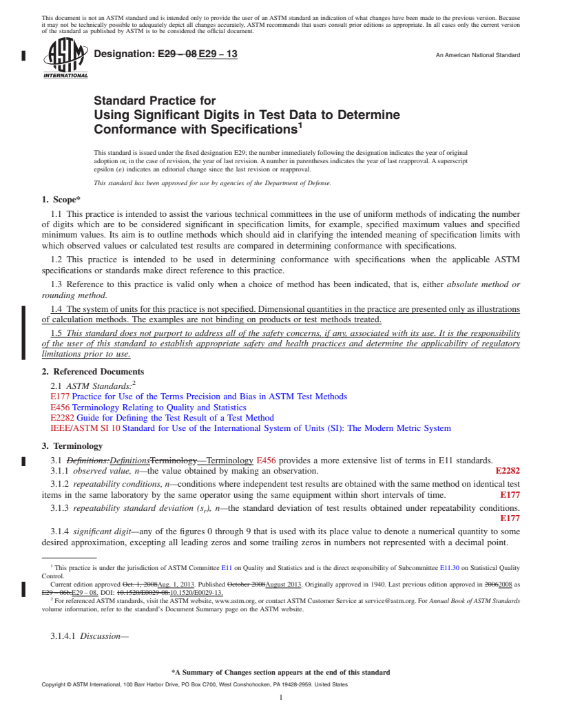 REDLINE ASTM E29-13 - Standard Practice for  Using Significant Digits in Test Data to Determine Conformance  with Specifications