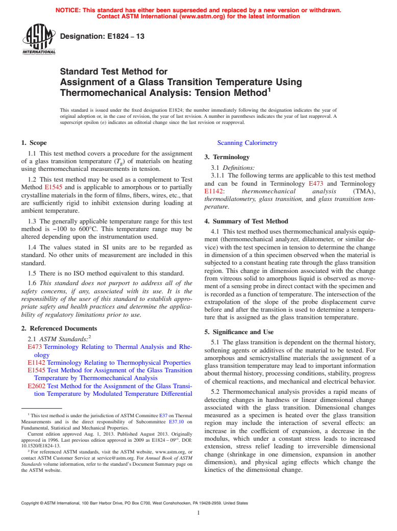 ASTM E1824-13 - Standard Test Method for  Assignment of a Glass Transition Temperature Using Thermomechanical  Analysis: Tension Method