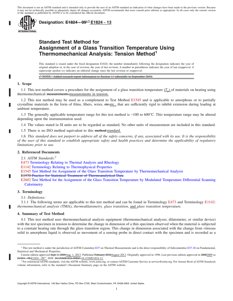 REDLINE ASTM E1824-13 - Standard Test Method for  Assignment of a Glass Transition Temperature Using Thermomechanical  Analysis: Tension Method