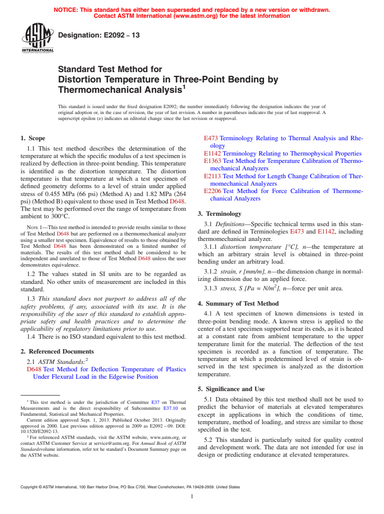 ASTM E2092-13 - Standard Test Method for  Distortion Temperature in Three-Point Bending by Thermomechanical  Analysis