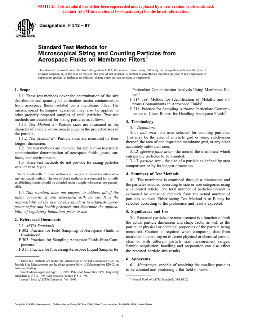 ASTM F312-97 - Standard Test Methods for Microscopical Sizing and Counting Particles from Aerospace Fluids on Membrane Filters