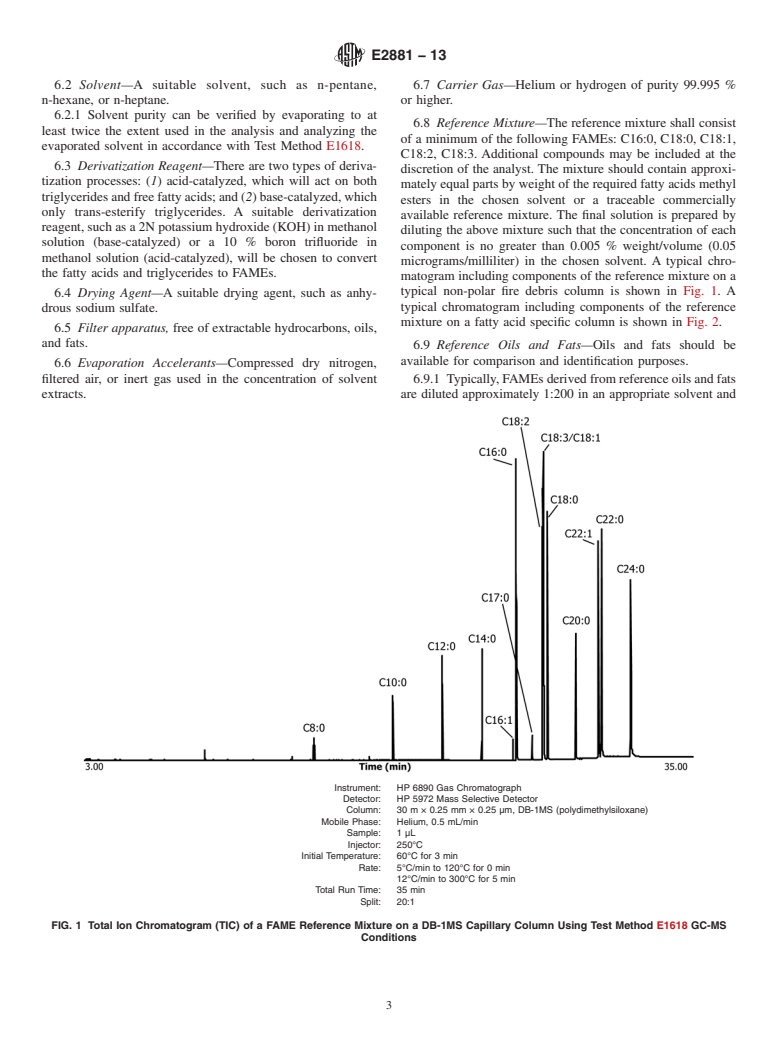 ASTM E2881-13 - Standard Test Method for Extraction and Derivatization of Vegetable Oils and Fats from  Fire Debris and Liquid Samples with Analysis by Gas Chromatography-Mass  Spectrometry