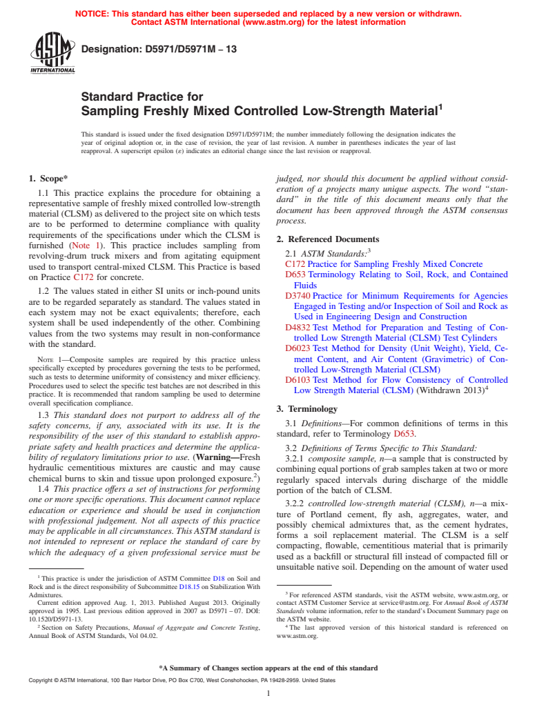 ASTM D5971/D5971M-13 - Standard Practice for Sampling Freshly Mixed Controlled Low-Strength Material