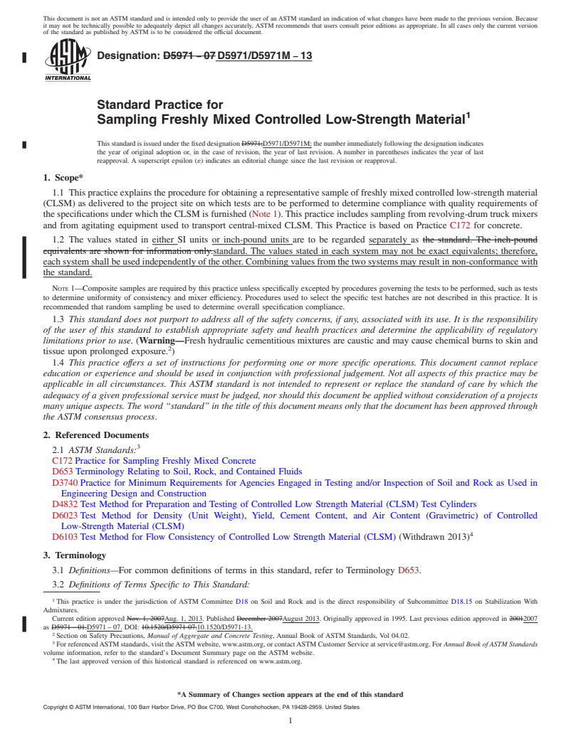 REDLINE ASTM D5971/D5971M-13 - Standard Practice for Sampling Freshly Mixed Controlled Low-Strength Material