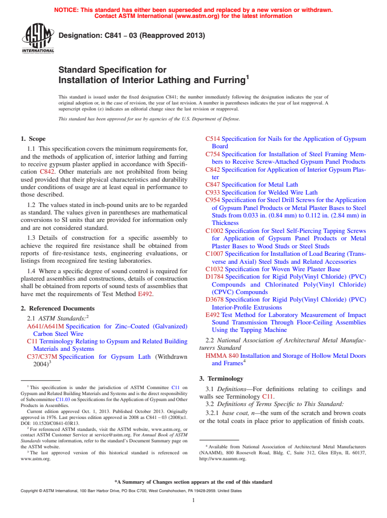 ASTM C841-03(2013) - Standard Specification for  Installation of Interior Lathing and Furring