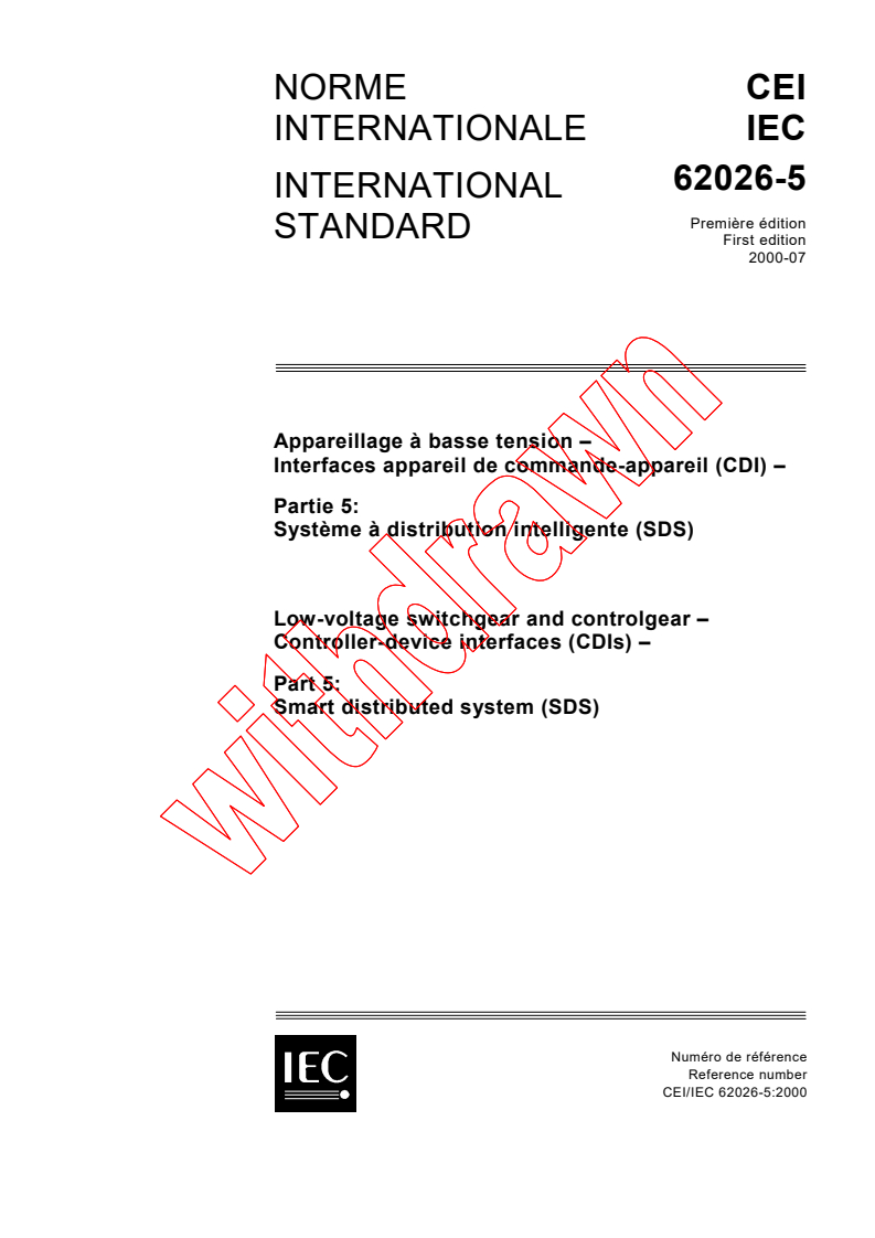 IEC 62026-5:2000 IEC 62026-5:2000 - Low-voltage switchgear and controlgear - Controller-device interfaces (CDIs) - Part 5: Smart distributed system (SDS)
Released:7/31/2000
Isbn:2831853664