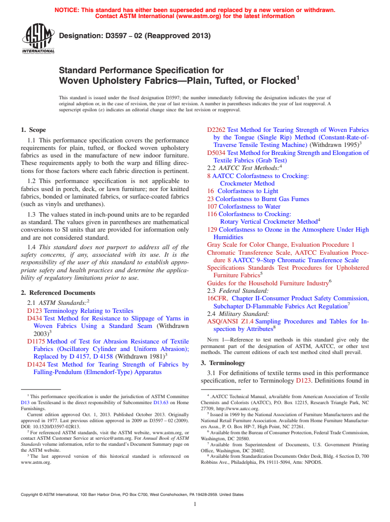 ASTM D3597-02(2013) - Standard Performance Specification for  Woven Upholstery Fabrics&mdash;Plain, Tufted, or Flocked