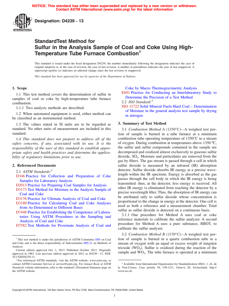 ASTM D4239-13 - Standard Test Method for  Sulfur in the Analysis Sample of Coal and Coke Using High-Temperature  Tube Furnace Combustion