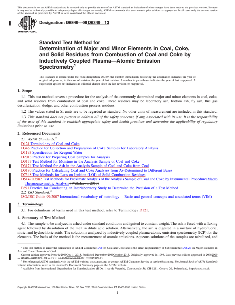 REDLINE ASTM D6349-13 - Standard Test Method for  Determination of Major and Minor Elements in Coal, Coke, and  Solid  Residues from Combustion of Coal and Coke by Inductively Coupled  Plasma&mdash;Atomic   Emission Spectrometry