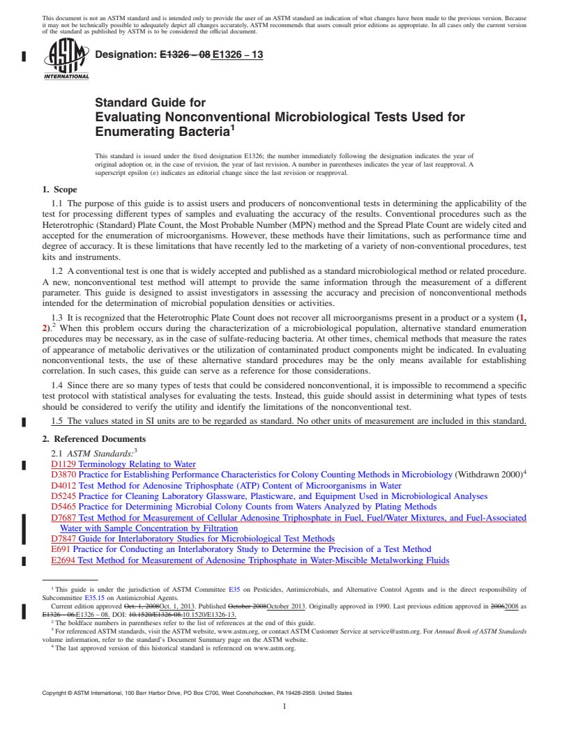 REDLINE ASTM E1326-13 - Standard Guide for  Evaluating Nonconventional Microbiological Tests Used for Enumerating  Bacteria