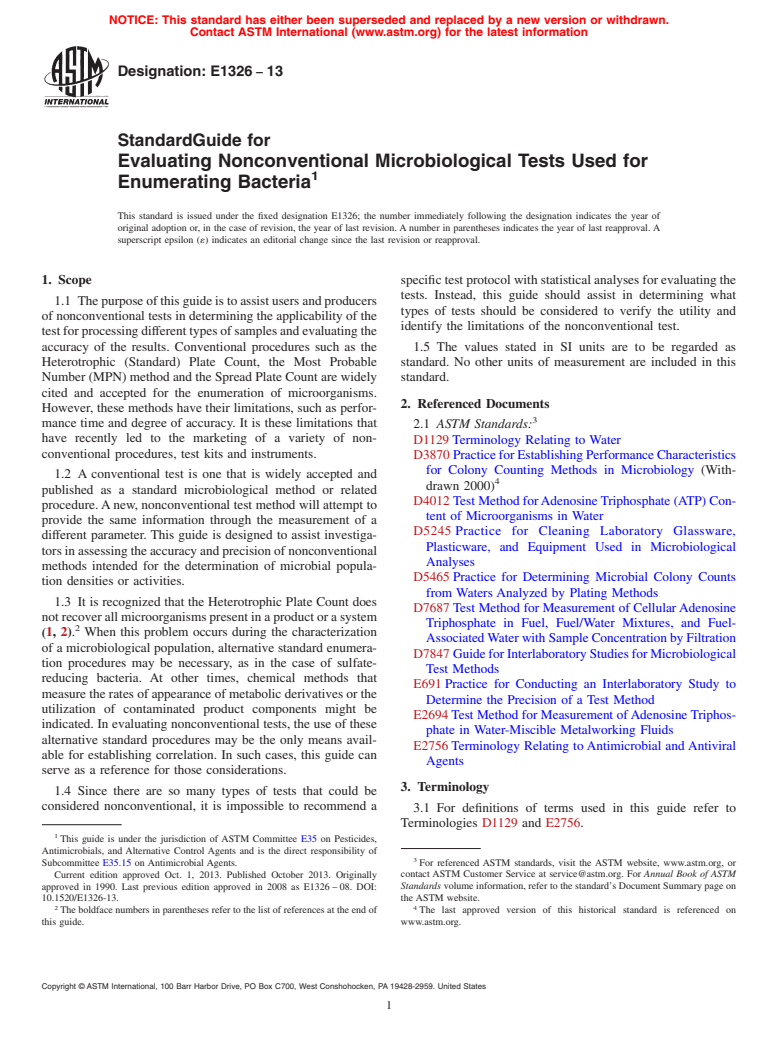 ASTM E1326-13 - Standard Guide for  Evaluating Nonconventional Microbiological Tests Used for Enumerating  Bacteria